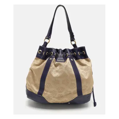 Versace Beige/Blue Medusa Canvas and Leather Drawstring Hobo