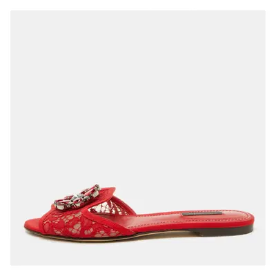 Dolce & Gabbana Red Lace Crystal Embellished Flat Slides Size 38.5