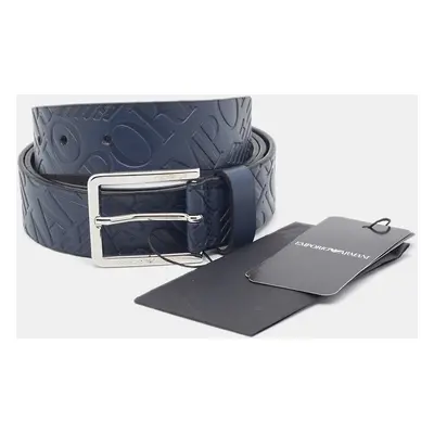 Emporio Armani Navy Blue Logo Embossed Leather Tongue Buckle Belt