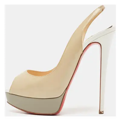 Christian Louboutin Beige/Grey Patent Leather Lady Peep Platform Slingback Pumps Size 38.5