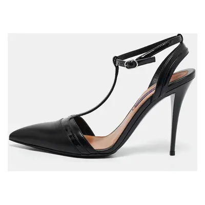 Ralph Lauren Black Leather and Patent Leather Ankle Strap Pumps Size