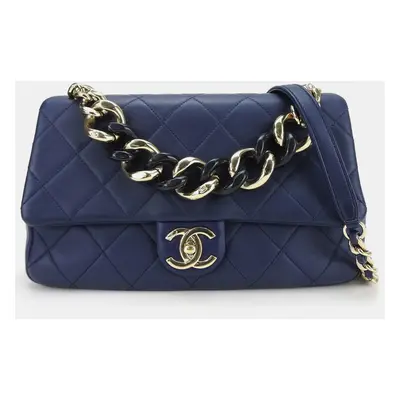 Chanel Blue Quilted Lambskin Small Resin Elegant Chain Flap Bag