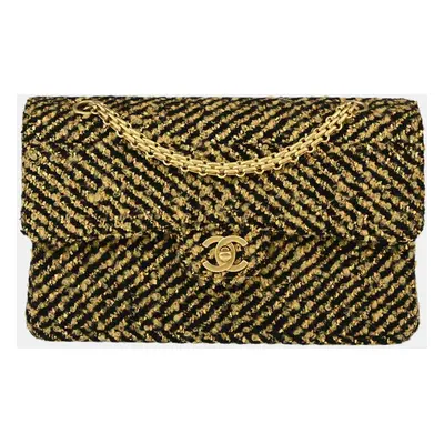 Chanel Gold Black Wool Classic Single Flap Shoulder Bag