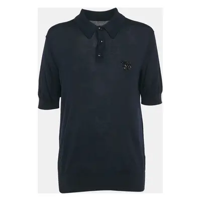 Dolce & Gabbana Navy Blue Bug Embellishment Cashmere Polo T-Shirt