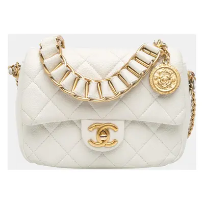 Chanel White Small Quilted Caviar Twist Your Buttons Flap