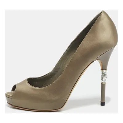 Gucci Grey Satin Horsebit Crystal Embellished Peep Toe Pumps Size