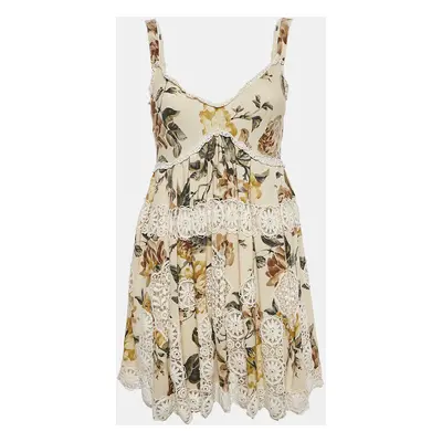 Dolce & Gabbana Beige Floral Print Lace Trim Cotton Blend Mini Dress