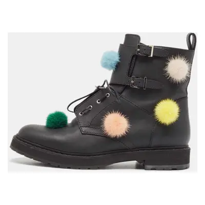 Fendi Black Leather and Mink Pompoms Biker Boots Size