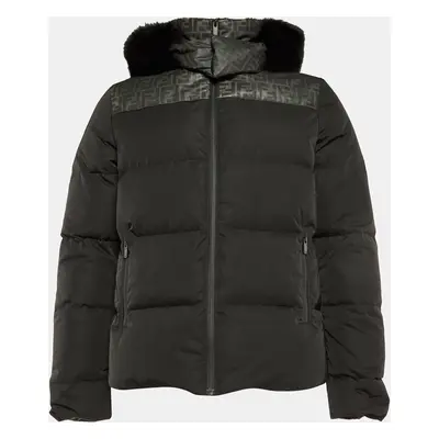 Fendi Black Zucca Print Synthetic Detachable Fur Hooded Down Jacket