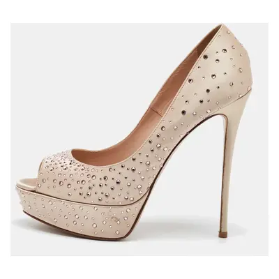 Valentino Beige Crystal Embellished Satin Peep Toe Platform Pumps Size