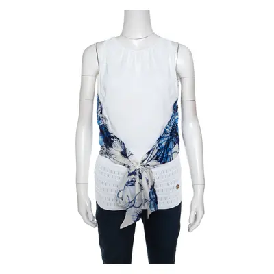 Roberto Cavalli White and Blue Printed Cutout Back Front Tie Sleeveless Top