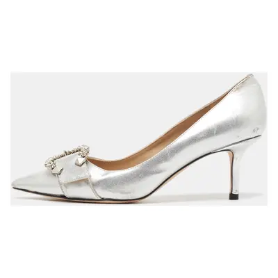 Jimmy Choo Silver Leather Crystal Embellished Pointed Toe Pumps Size