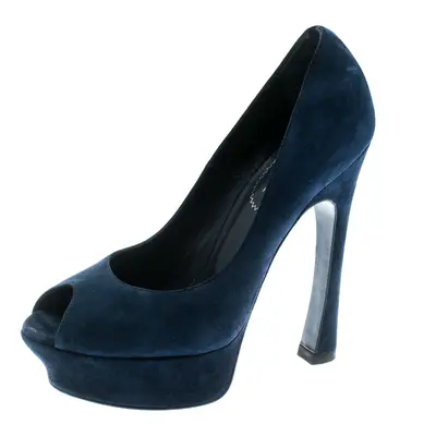 Saint Laurent Blue Suede Palais Platform Peep Toe Pumps Size