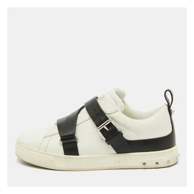 Valentino White/Black Leather Buckle Strap Rockstud Low Top Sneakers Size 37.5