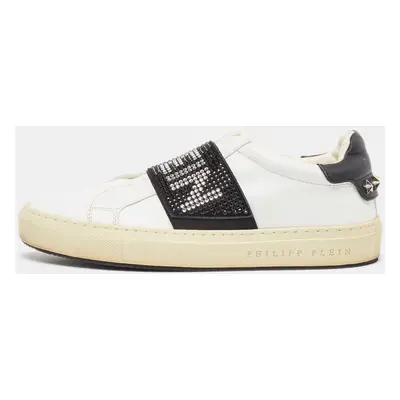 Philipp Plein White/Black Leather Crystal Embellished Sneakers Size