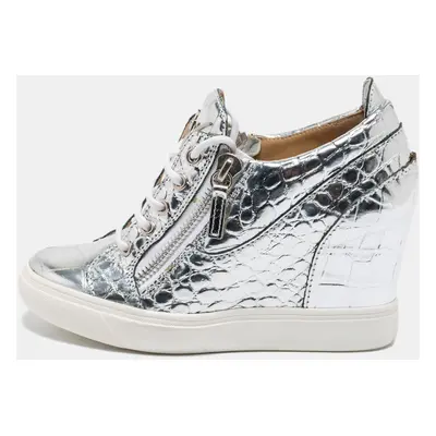 Giuseppe Zanotti Silver Croc Embossed Leather Double Zip Wedge Sneakers Size