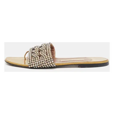 Gina Green Crystal Embellished Leather Flat Slides Size