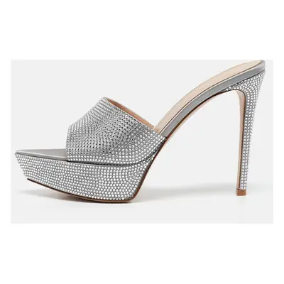 Gianvito Rossi Silver Satin Crystal Embellished Platform Slide Sandals Size