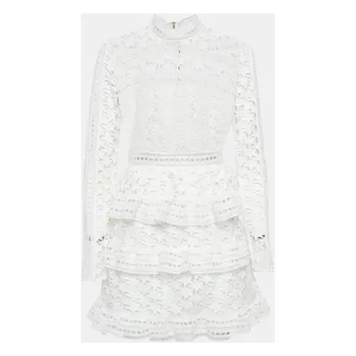 Self-Portrait White Star Pattern Lace Tiered Mini Dress