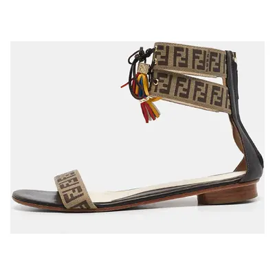 Fendi Tobacco Zucca Canvas and Leather Ankle Strap Flat Sandals Size 37.5