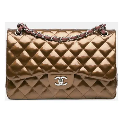 Chanel Brown Metallic Patent Jumbo Classic Double Flap Bag