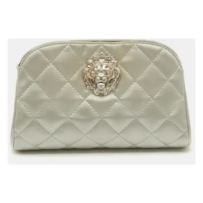 Chanel Grey Quilted Satin Leo Lion CC Pearl Clutch