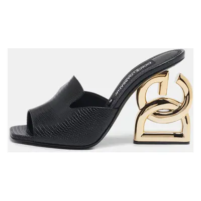 Dolce & Gabbana Black Lizard Embossed Leather Keira Slide Sandals Size