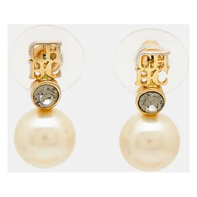 Carolina Herrera CH Crystals Faux Pearl Gold Tone Earrings