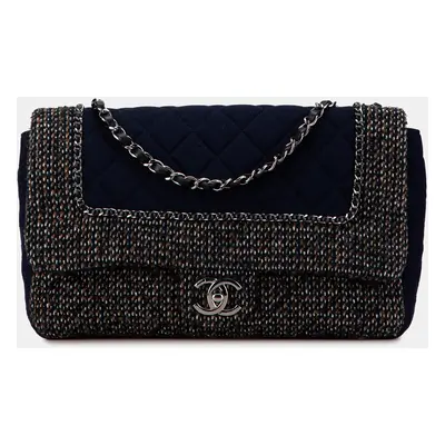 Chanel Blue Jumbo Quilted Jersey and Tweed Chain Flap Bag