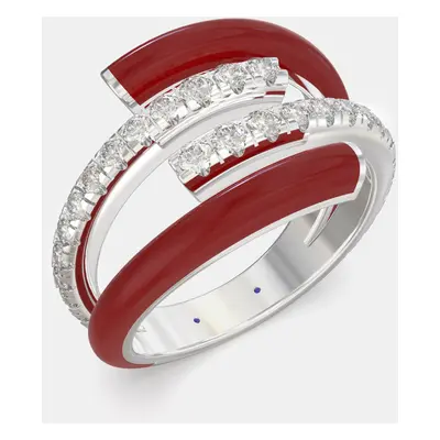 Bright Red Ceramic Sterling Silver Lab Grown Diamond Double Bypass Two Row Accented Ring US