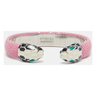 Bvlgari Serpenti Forever Enamel Pink Galuchat Leather SIlver Tone Open Cuff Bracelet