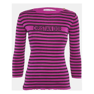 Christian Dior Pink/Black Striped Logo Intarsia Knit Sweater