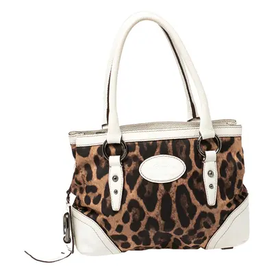 Dolce & Gabbana White/Brown Animal Print Fabric and Leather Satchel