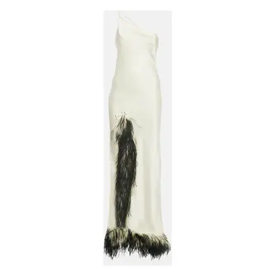 Femme Fatale Off-White Satin Feather Trimmed Sleeveless Asymmetric Maxi Dress