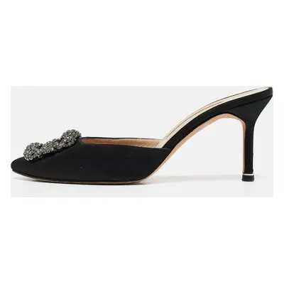 Manolo Blahnik Black Satin Hangisi Mules Size 37.5