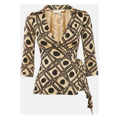 Diane von Furstenberg Beige/Black Printed Silk Jersey Jill Wrap Top