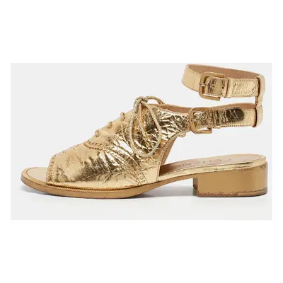 Chanel Gold Brogue Leather Lace Up Ankle Strap Sandals Size