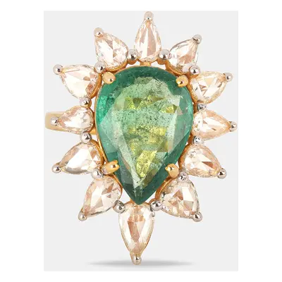 14K Gold Pear Shape Natural Emerald And Natural Rose Cut Diamond Ring