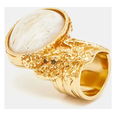 Yves Saint Laurent Arty White Cabochon Glass Gold Tone Ring Size