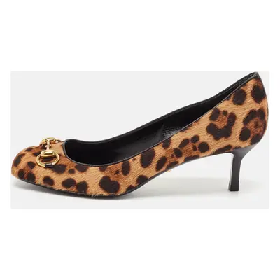 Gucci Brown Leopard Print Calf Hair Horsebit Pumps Size