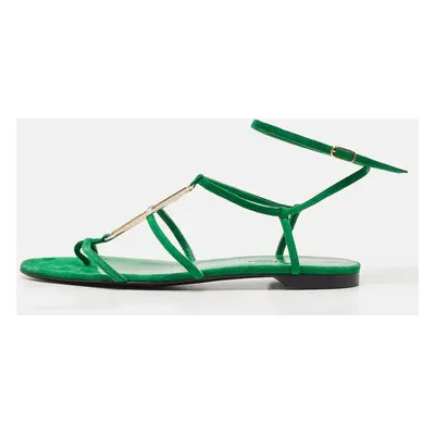 Hermes Green Suede Diamante Ankle Wrap Flat Sandals Size