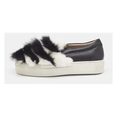 Le Silla Black/White Leather and Faux Fur Slip On Sneakers Size