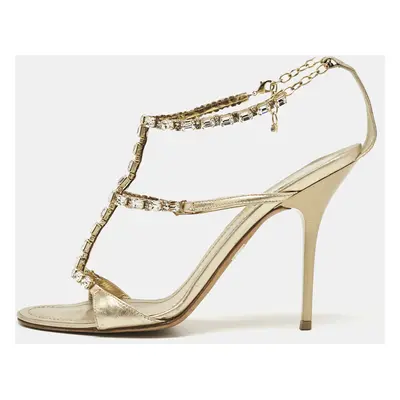 René Caovilla Gold Leather Crystal Embellished Ankle Strap Sandals Size