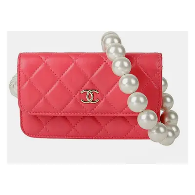 Chanel Pink Lambskin Leather Pearl Strap Mini Wallet on Chain