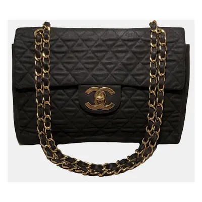 Chanel Black Denim Maxi Classic Flap Shoulder Bag