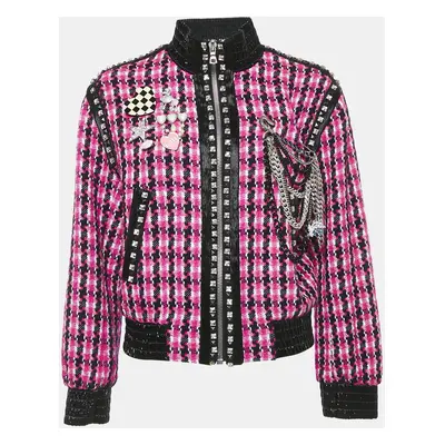 Marc Jacobs Pink Tweed Brooch Detail Zip -Up Jacket