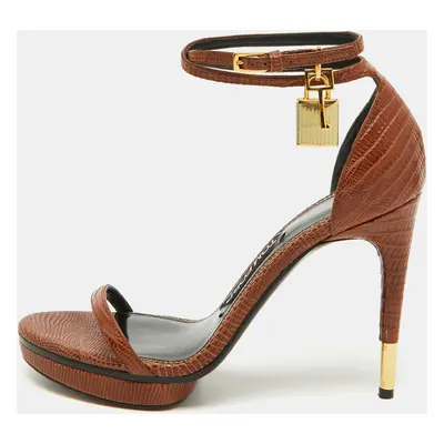 Tom Ford Brown Lizard Embossed Leather Padlock Ankle Strap Sandals Size