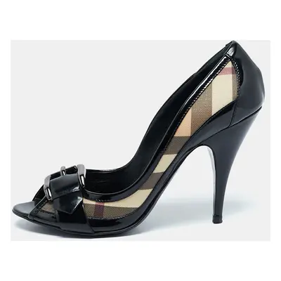 Burberry Black/Beige Canvas and Patent Leather Peep Toe Pumps Size