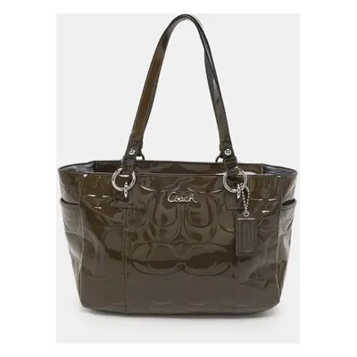 Coach Olive Green Op Art Embossed Patent Leather East West Gallery Tote