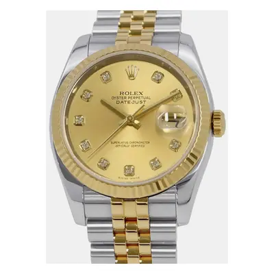 Rolex Champagne 18k Yellow Gold Stainless Steel, Diamond Datejust Automatic Men's Wristwatch mm